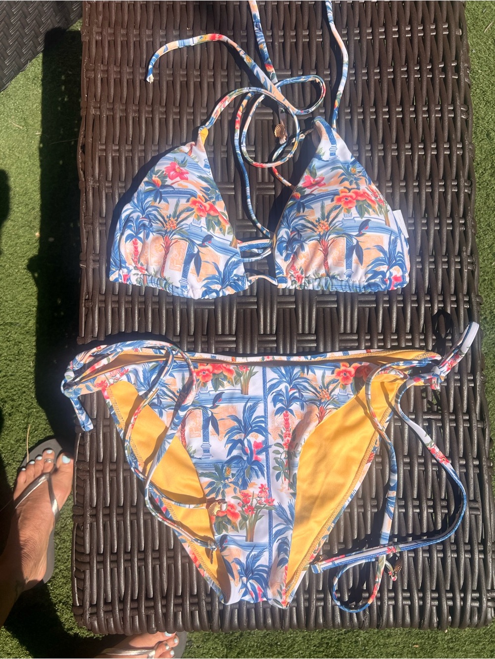 Tropical Floral String Bikini Set - Yellow & Blue